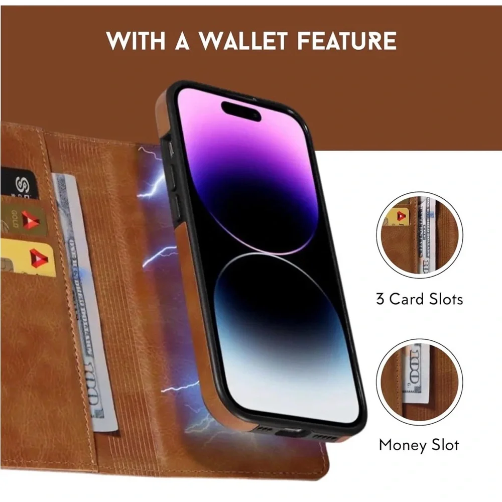 Brown Leather Phone Case with Card Holder for iPhone 15 Pro max, new